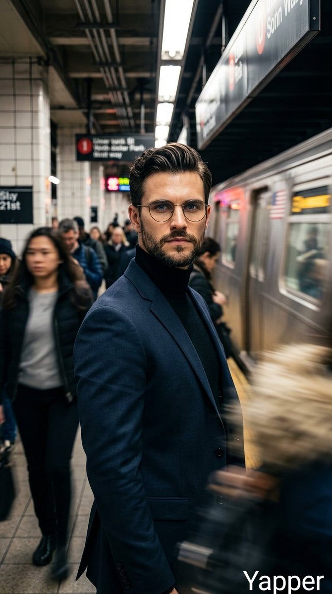 Cinematic portrait of a stylish man standing on a busy subway platform, wearing a dark tailored sui…