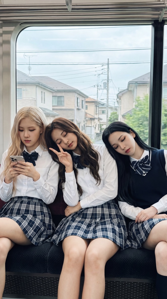 { "prompt": "Three K-pop idols sitting on a train. Left girl is Rosé with pale skin and long blonde…