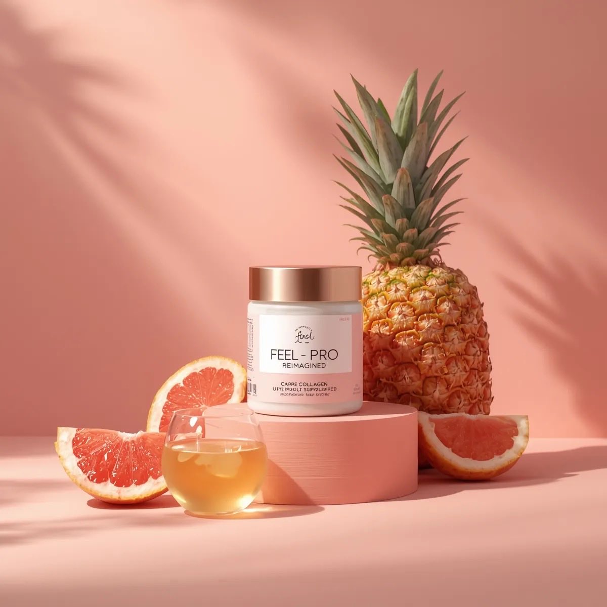 Minimalist luxury product photography of a collagen supplement jar placed on a soft pastel peach ba…