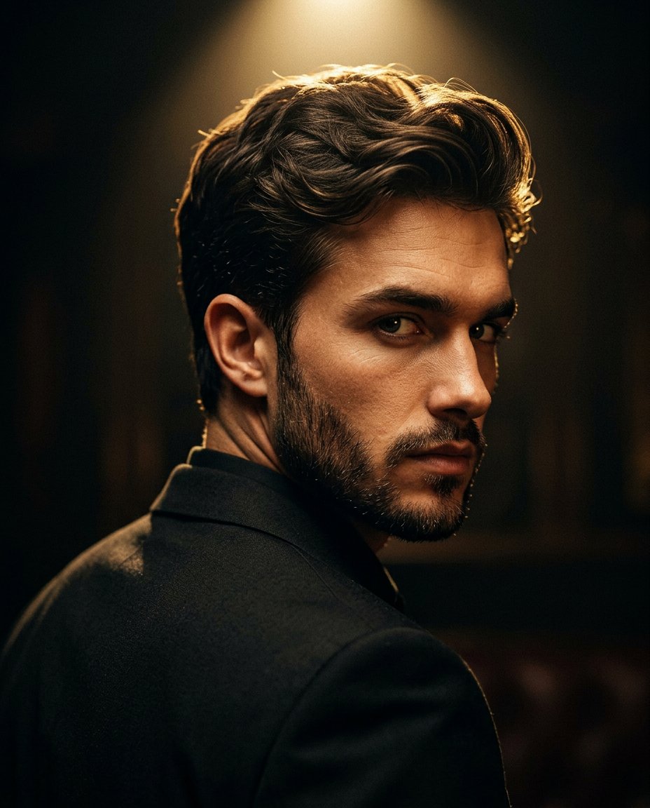 Ultra-realistic cinematic portrait of a stylish man in a black suit, captured from behind with his …