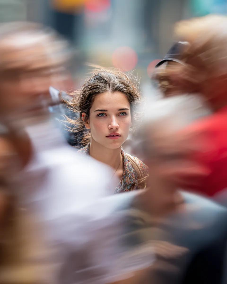 Model looking at camera, close up of face, busy New York street, motion blurred people crossing fra…