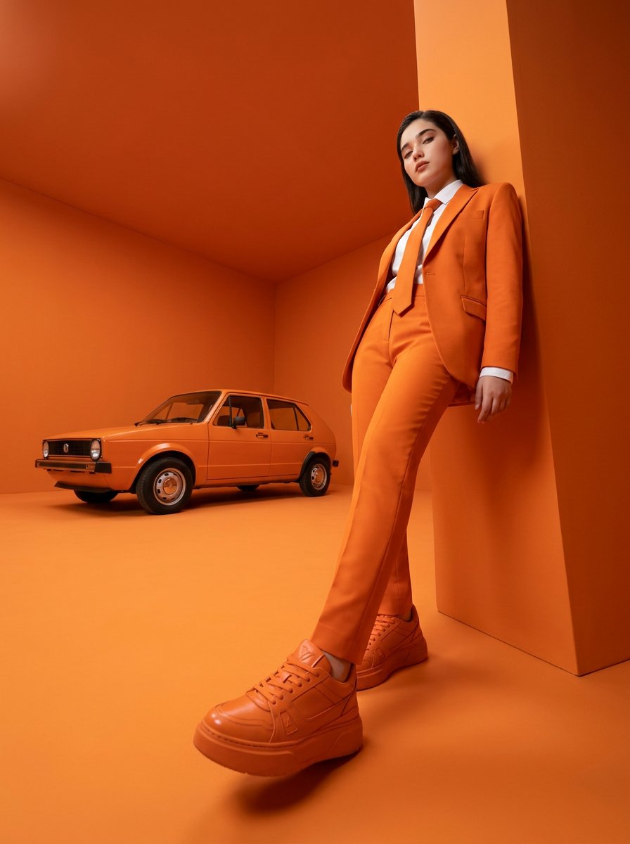 High-fashion editorial photography of a woman with the uploaded face as reference, leaning casually…