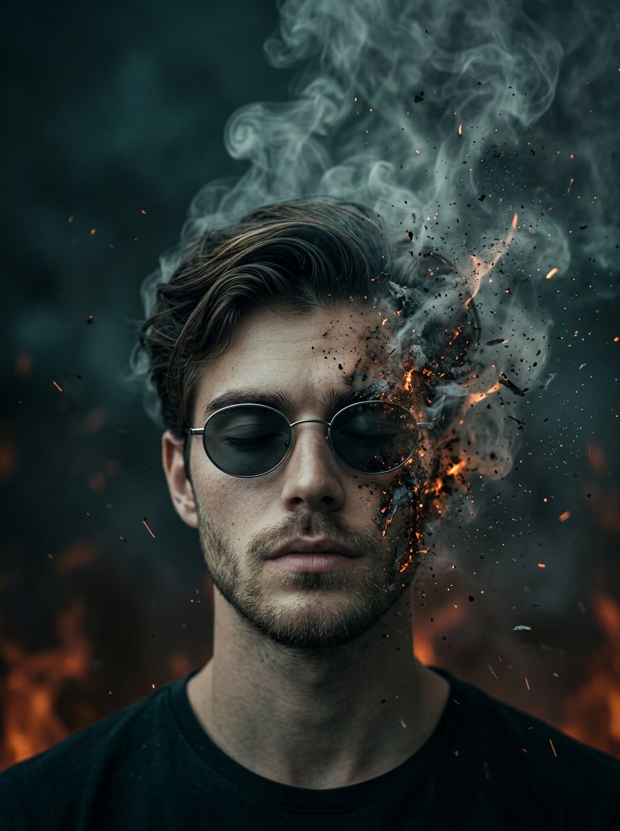 A surreal cinematic portrait of a young man with oval sunglasses, eyes closed, calm expression, sta…