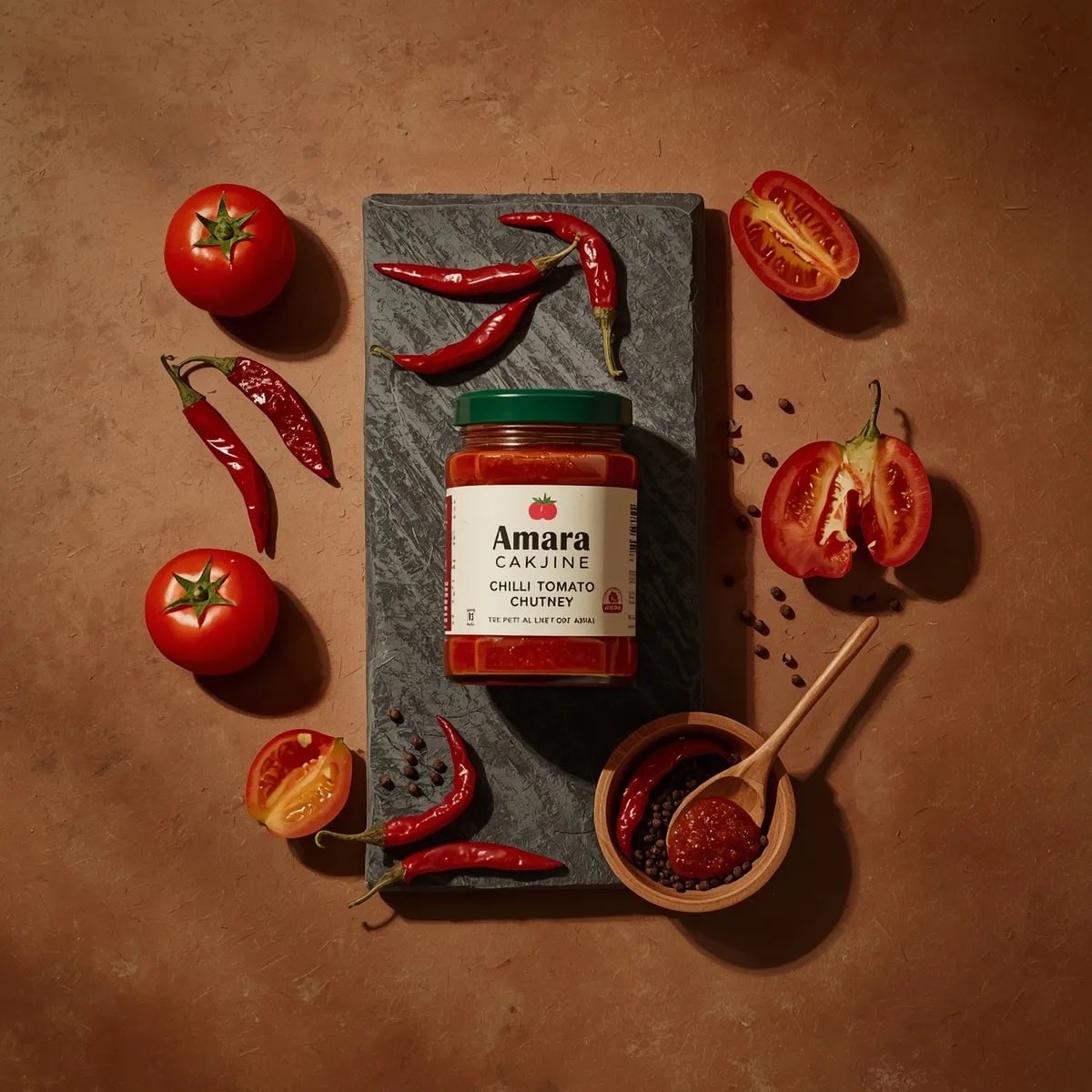 Top-down premium food photography of a glass jar of chili tomato chutney placed on a dark stone sla…