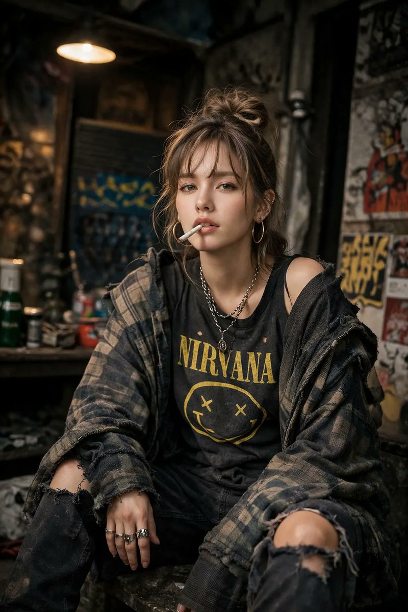 A high-detail photograph of a defiant woman posing nonchalantly. She has a messy aesthetic, wearing…