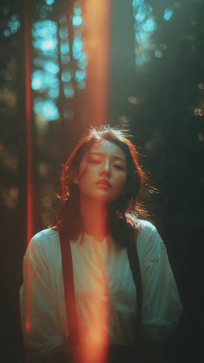 A cinematic portrait of an Asian woman standing in a quiet forest, captured in a spontaneous moment…