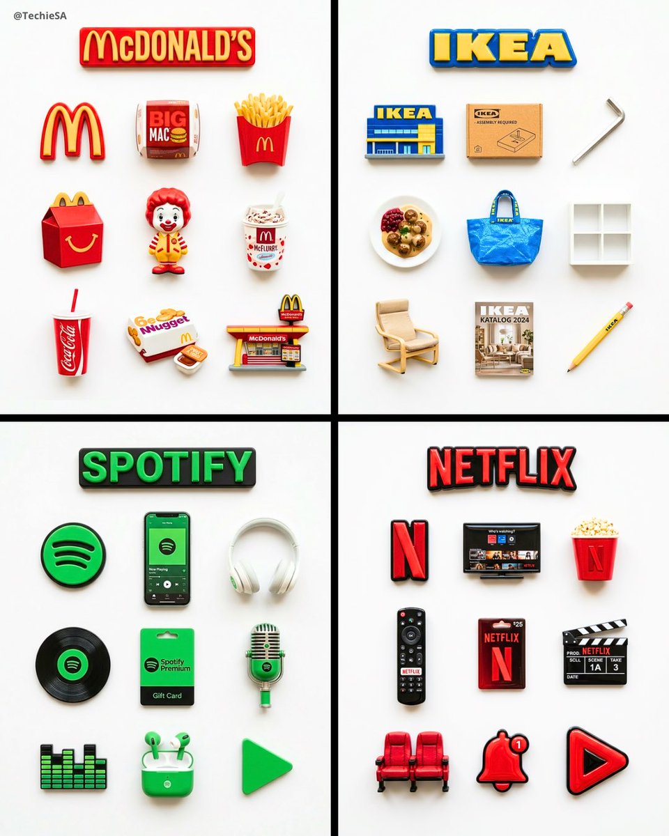 A flat-lay collection of exactly 9 hyper-realistic 3D resin fridge magnets arranged on a bright pur…