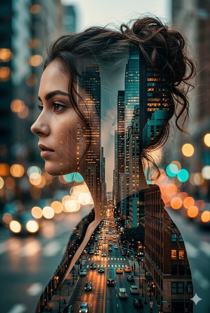 A cinematic double exposure portrait of a young woman hollywood actress in profile, her hair in a m…