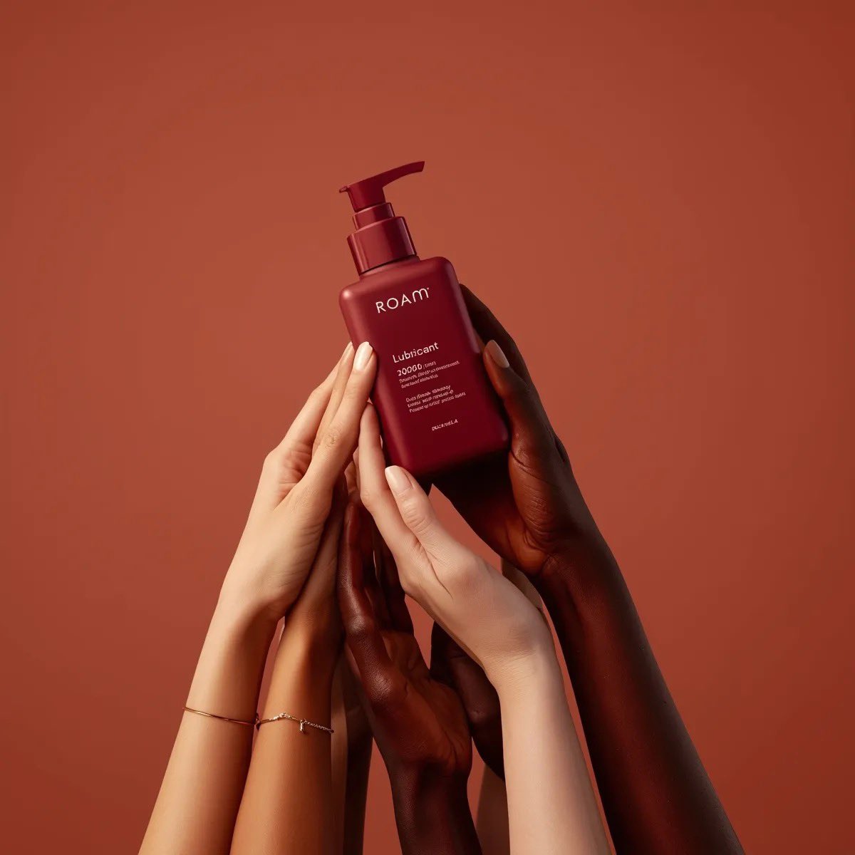 Minimalist product photography of a matte red pump bottle labeled ‘ROAM lubricant’, held by multipl…