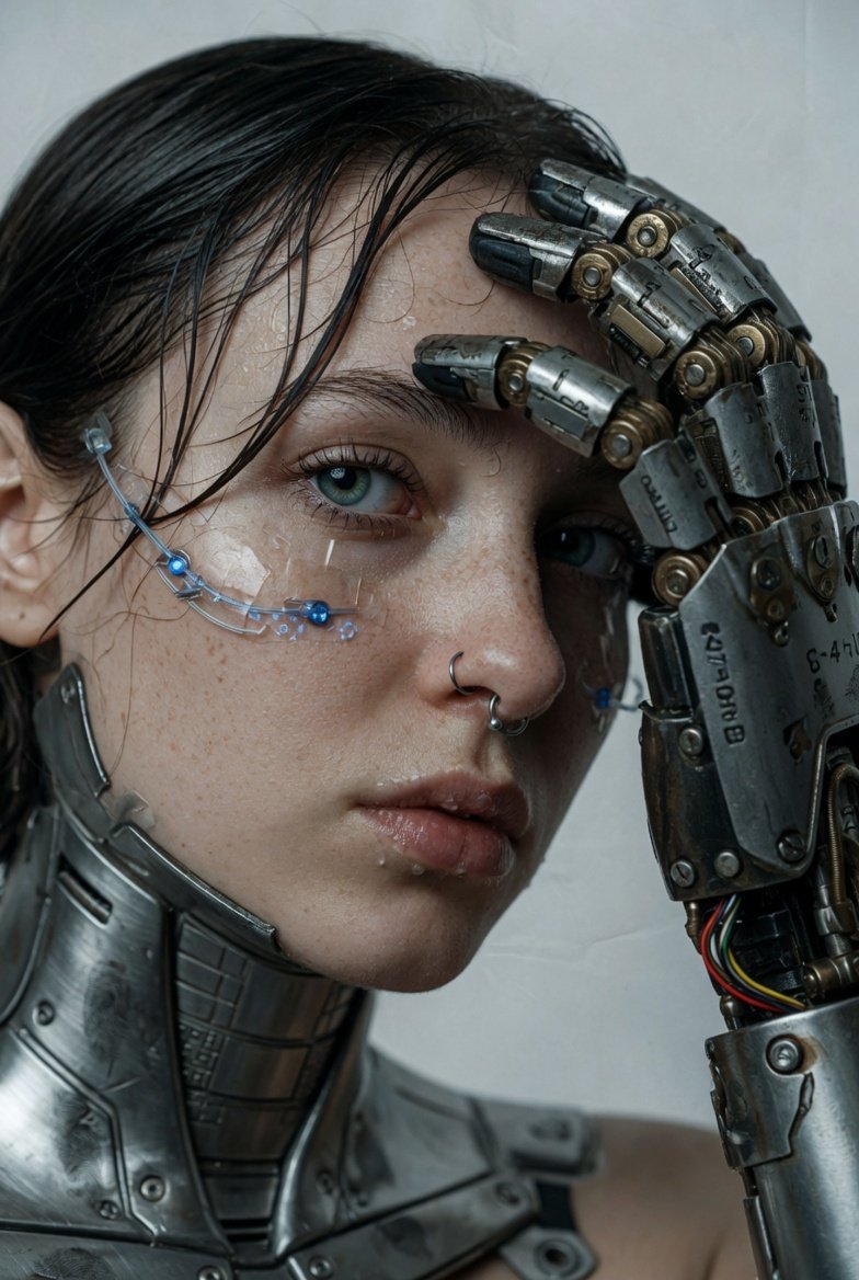 A hyper-realistic, cinematic extreme close-up portrait of a young woman with fair, freckled skin an…
