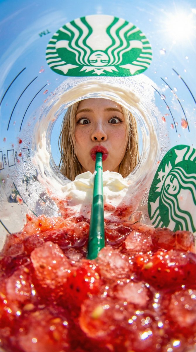 { "prompt": "View from inside a Starbucks strawberry frappuccino cup looking up, fisheye lens extre…