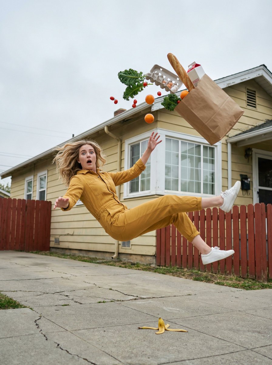 { "style": "cinematic realism, surreal moment frozen in time", "scene": "a suburban street in front…