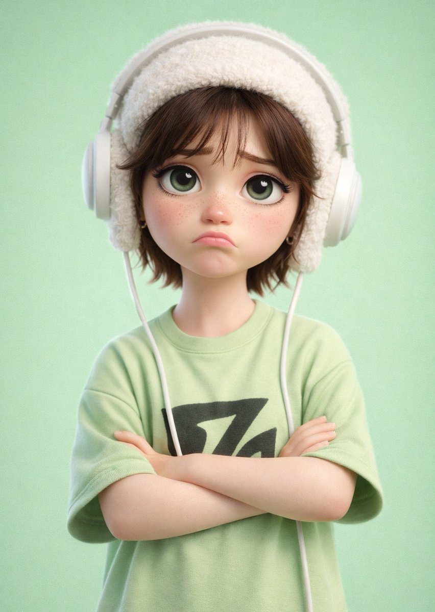 A stylized 3D cartoon character of a [PERSON] with big expressive eyes and a slightly sad, pouty ex…