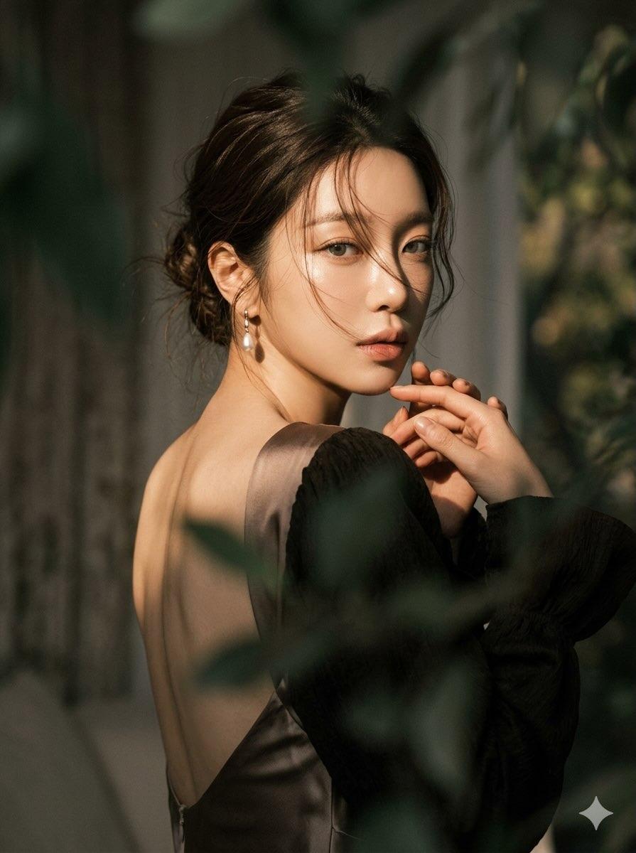 Create a moody, ethereal cinematic portrait of a woman with a dramatic over-the-shoulder pose.