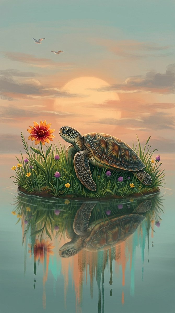 A digital fantasy illustration of a small turtle resting on a grassy riverbank at twilight. The tur…