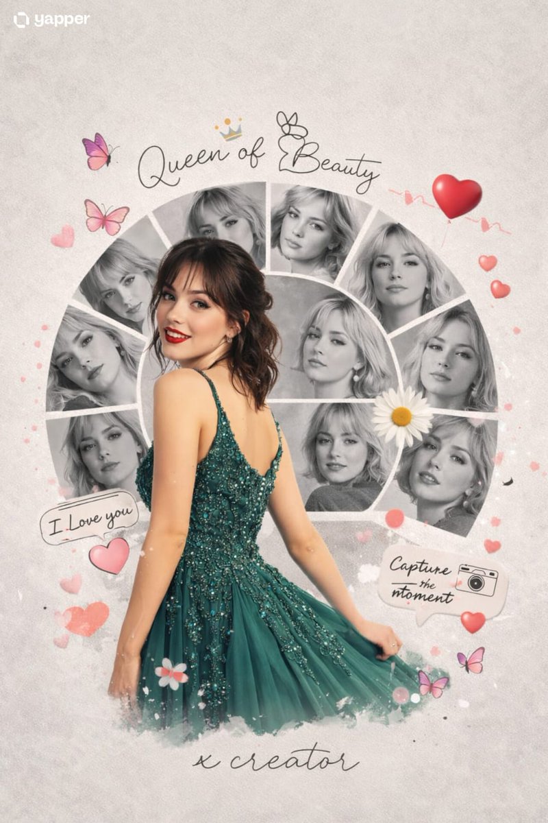 A creative romantic digital photo collage featuring a young handsome woman in a peacock green frock…