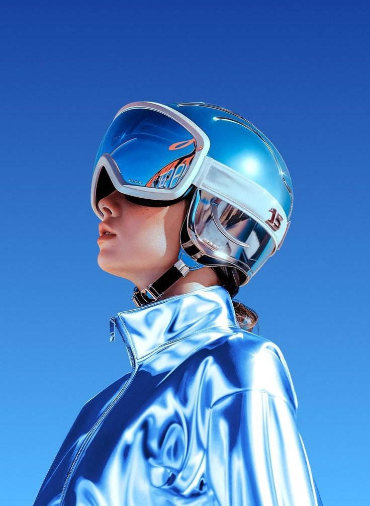 Ultra-realistic futuristic portrait of a young woman in side profile facing left, wearing a reflect…