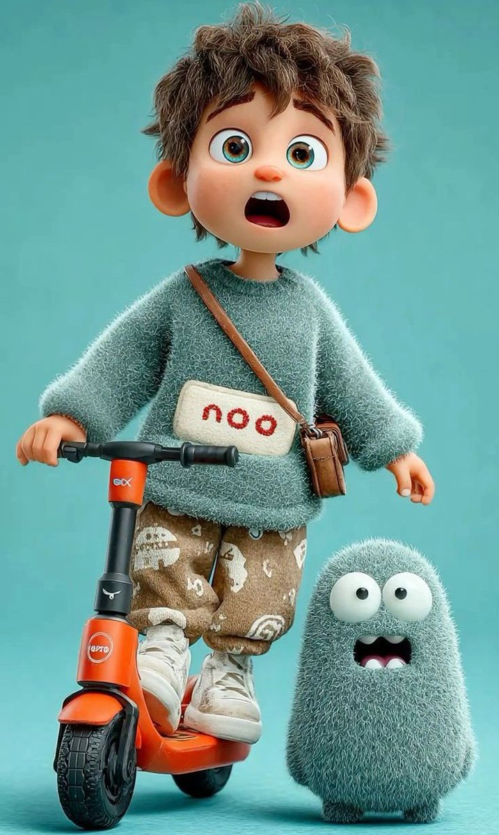 3D Pixar-style animated child character, cute young boy with messy brown hair and big expressive bl…