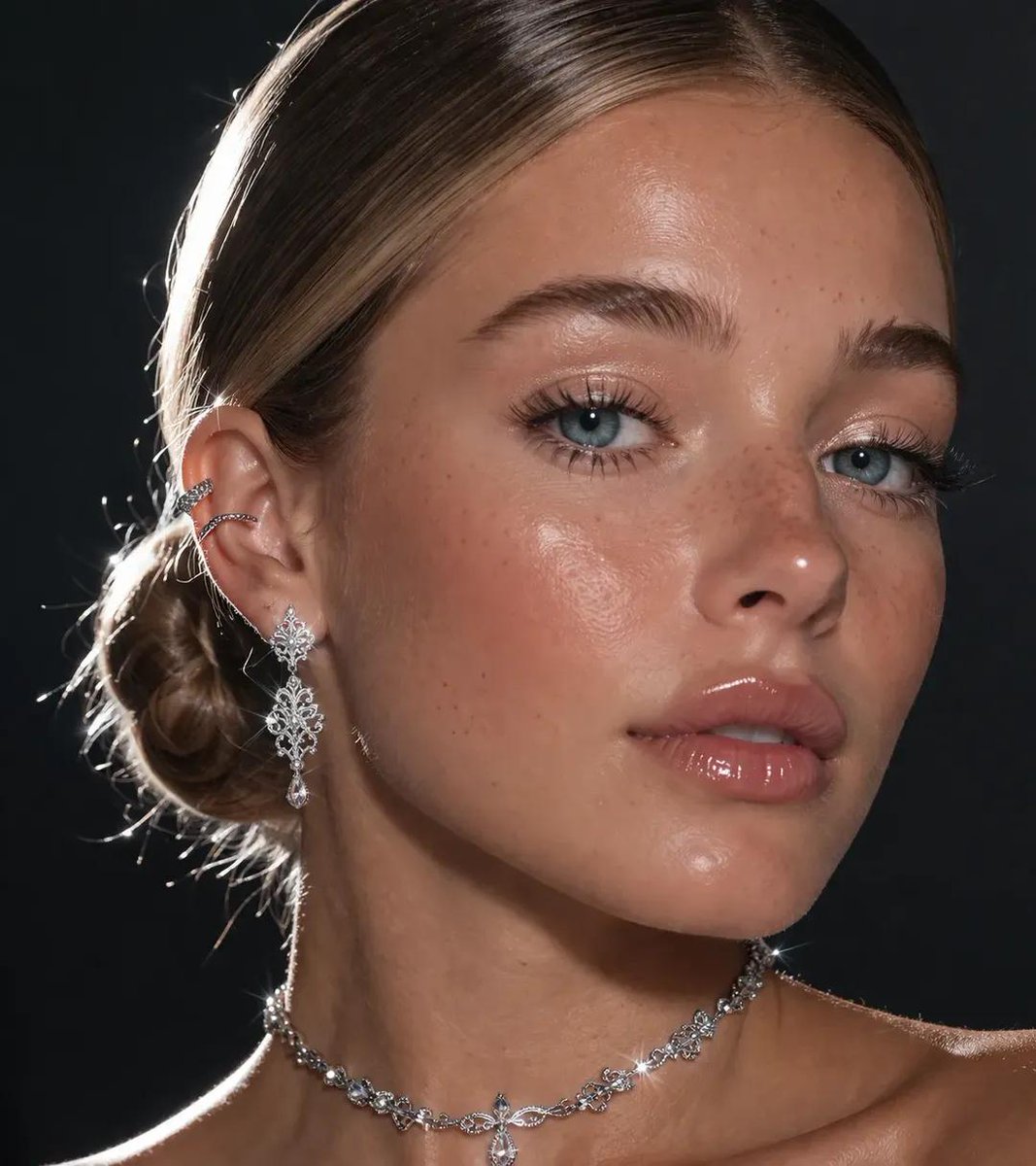An extreme close-up focusing on a pretty lady's face and neck. She has blue eyes, she is wearing in…