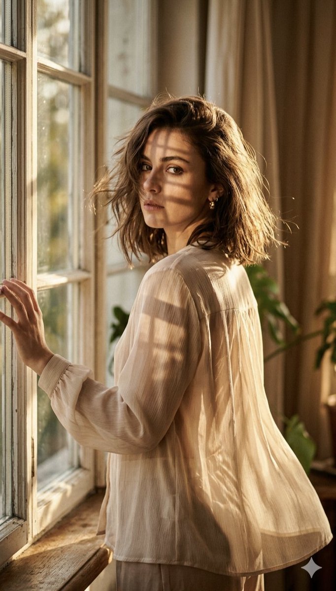A high-fashion editorial portrait of a young woman standing by a large, rustic wooden window. She i…