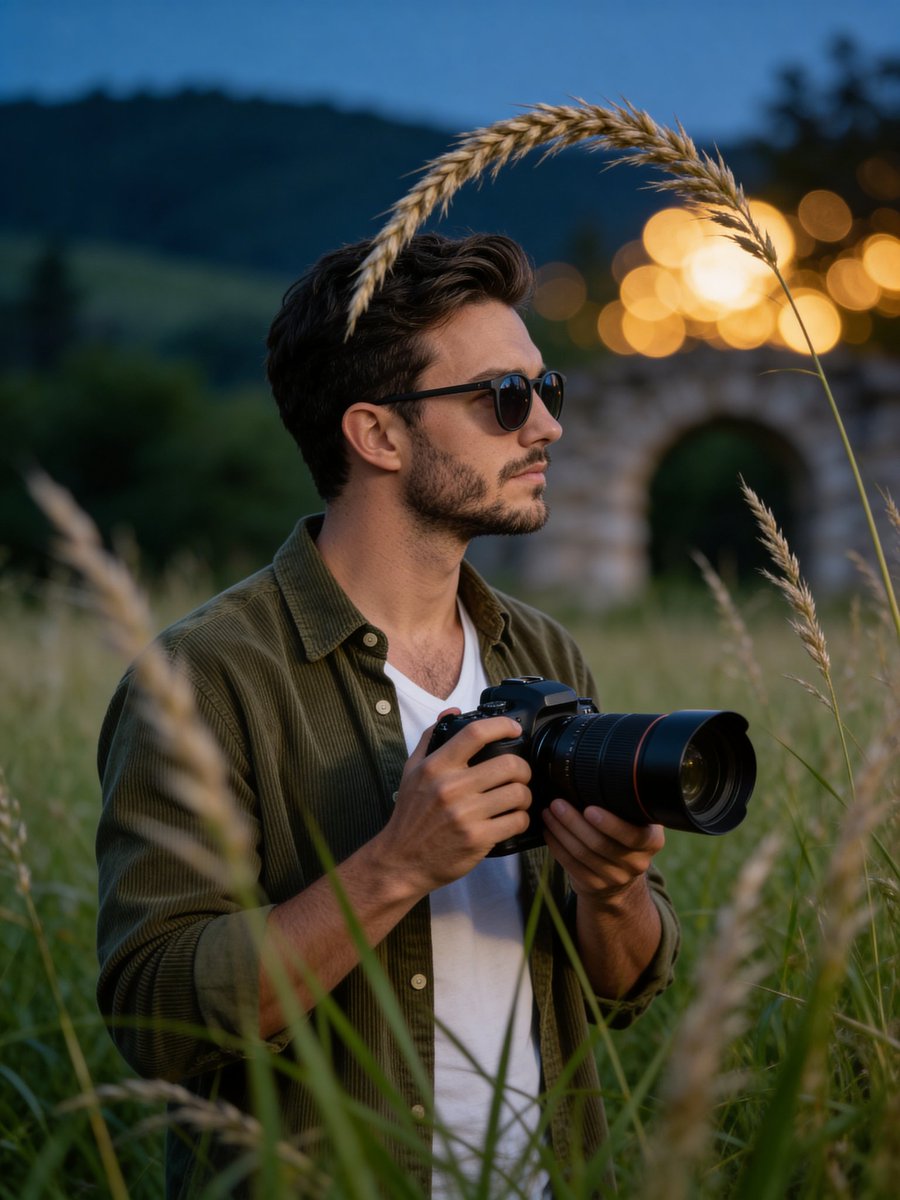 Cinematic medium shot of a young man with a trimmed beard and short brown hair, standing upright in…