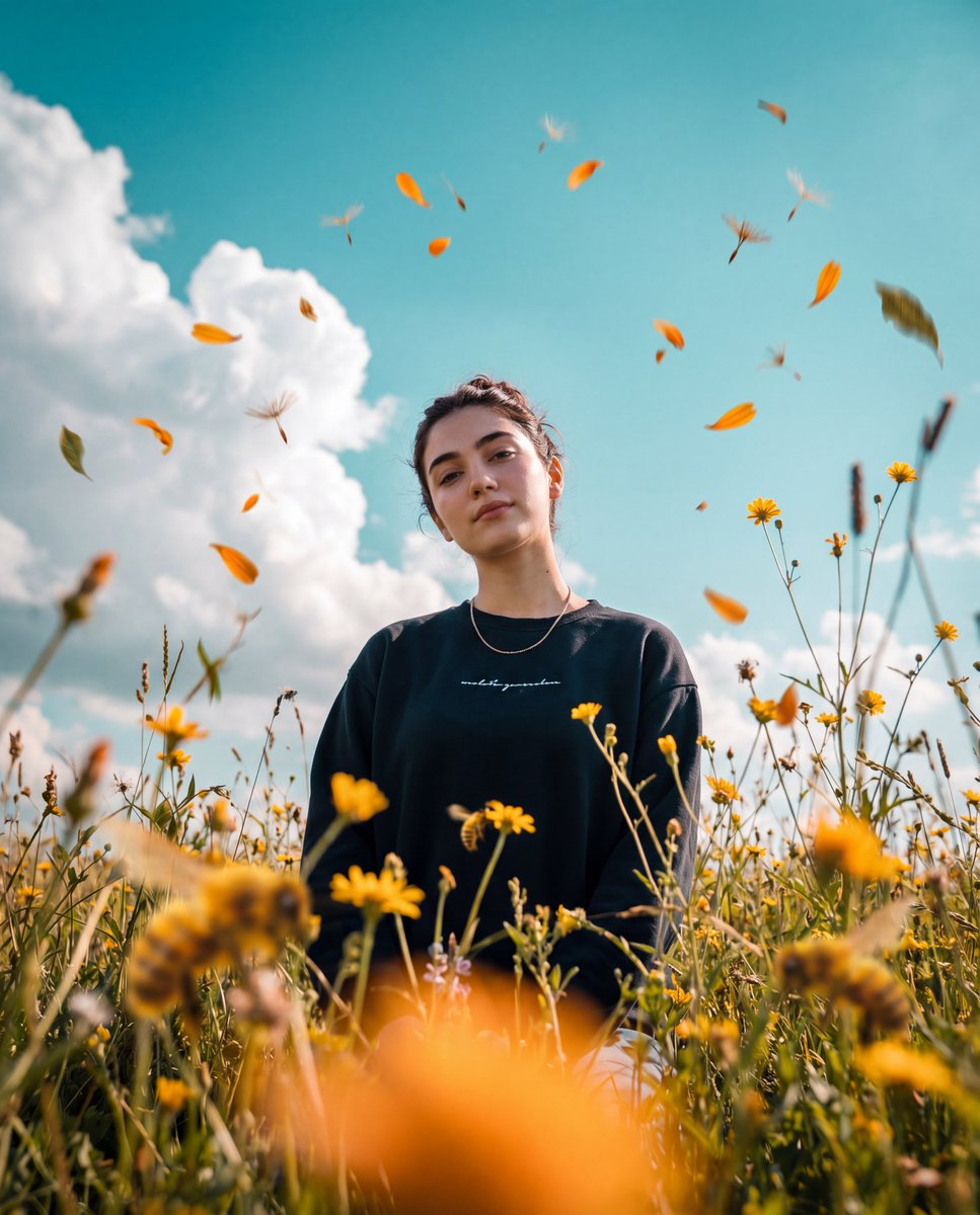 Photorealistic cinematic photo, 3:4 vertical frame, shooting from a very low point of grass/flowers…