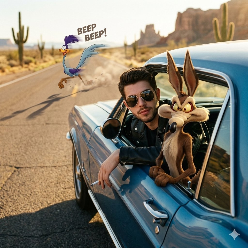 A stylish young man wearing a black leather jacket and aviator sunglasses leans out of the window o…