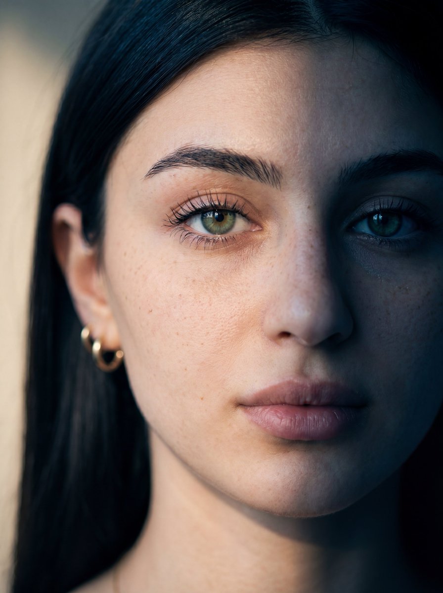 Ultra-realistic close-up portrait of a young woman with fair skin and subtle freckles, green eyes, …