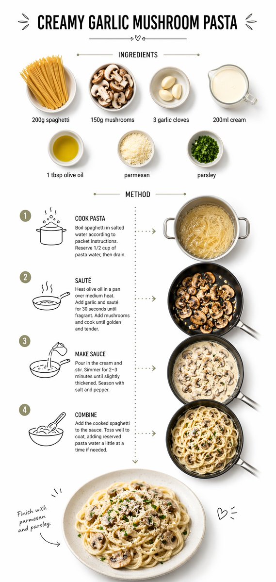 Create step-by-step recipe infographic for creamy garlic mushroom pasta, top-down view, minimal sty…