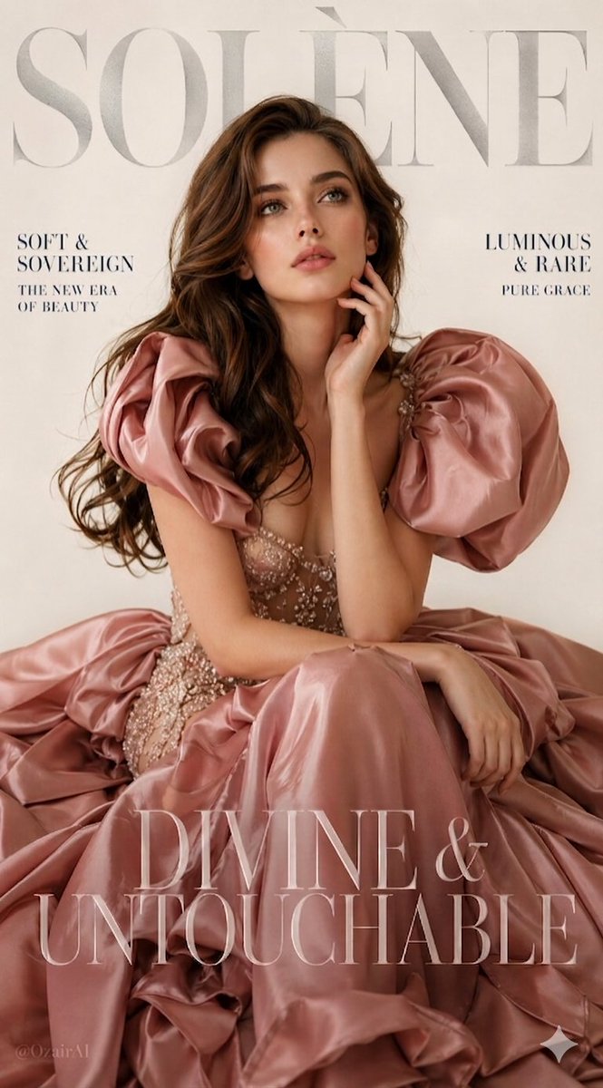 A breathtaking luxury fashion magazine cover. Large bold silver serif brand name "SOLÈNE" elegantly…