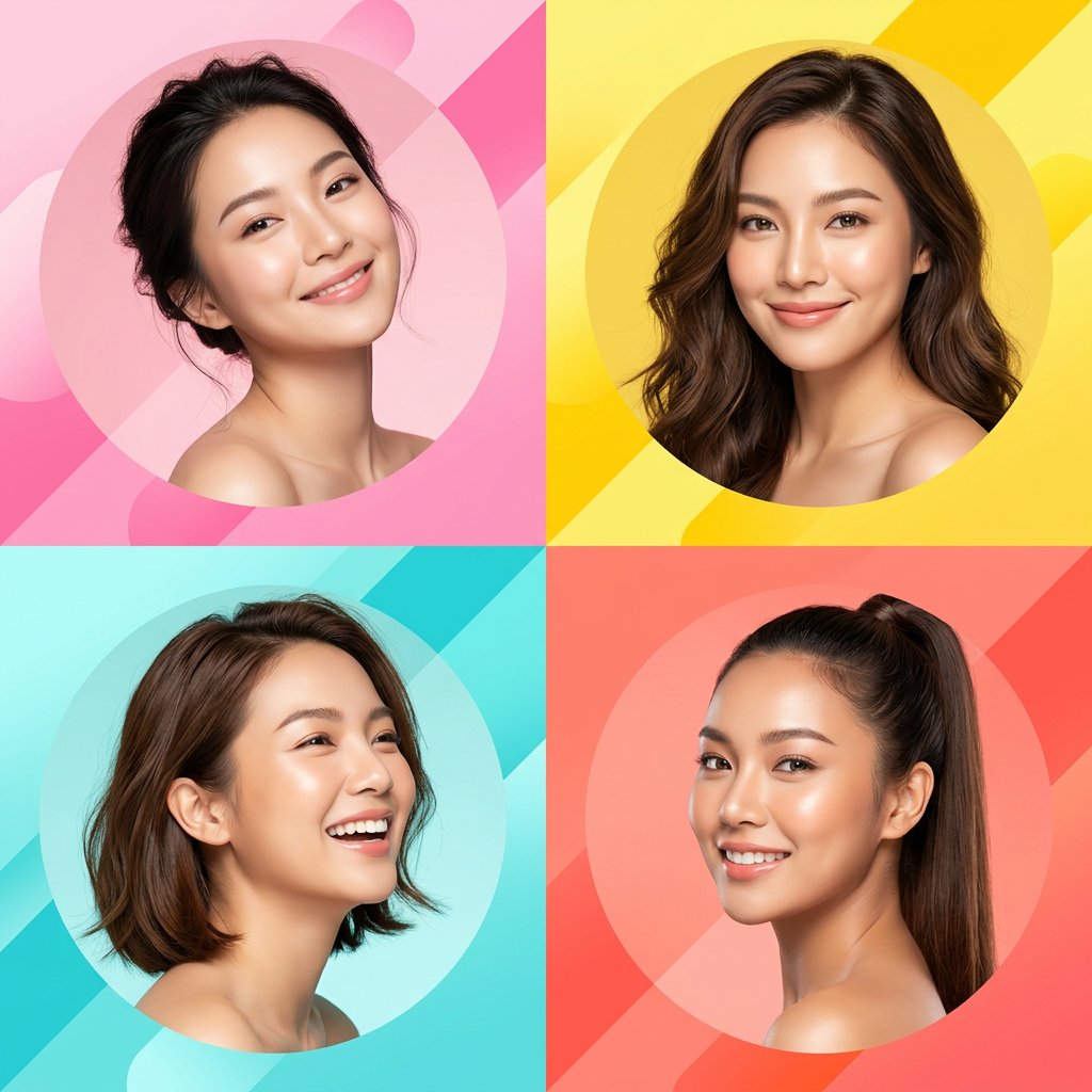 Ultra-modern high-end skincare advertising collage featuring four beautiful young Asian women, each…