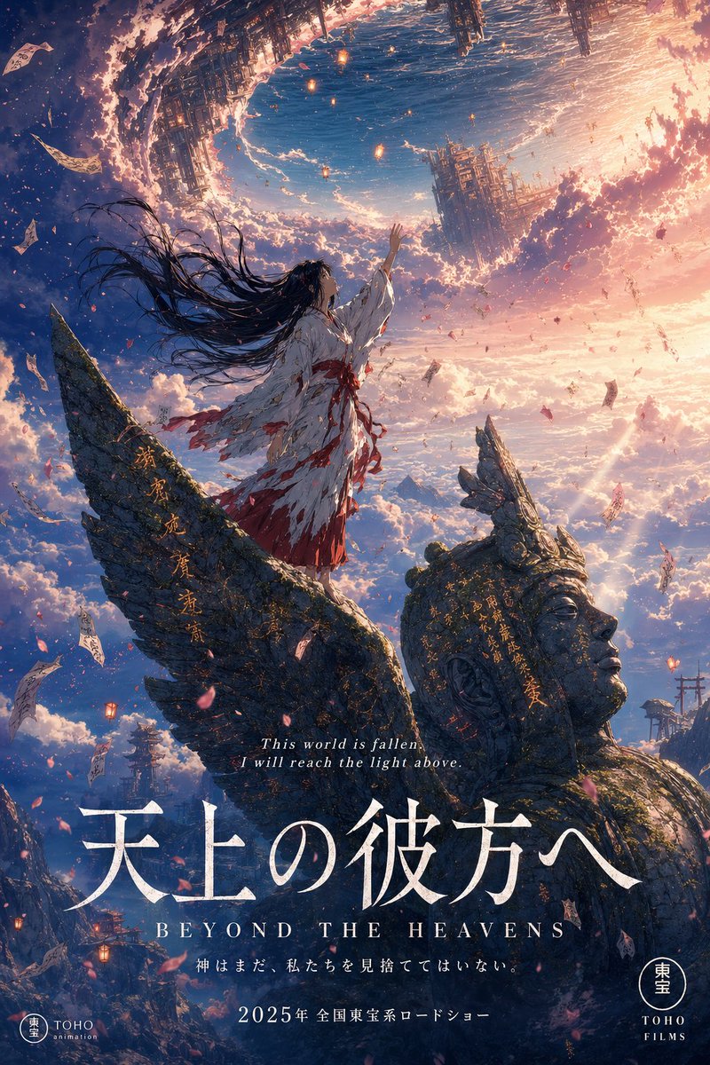 A stunning anime theatrical movie poster in portrait format. Studio Ghibli meets Makoto Shinkai vis…