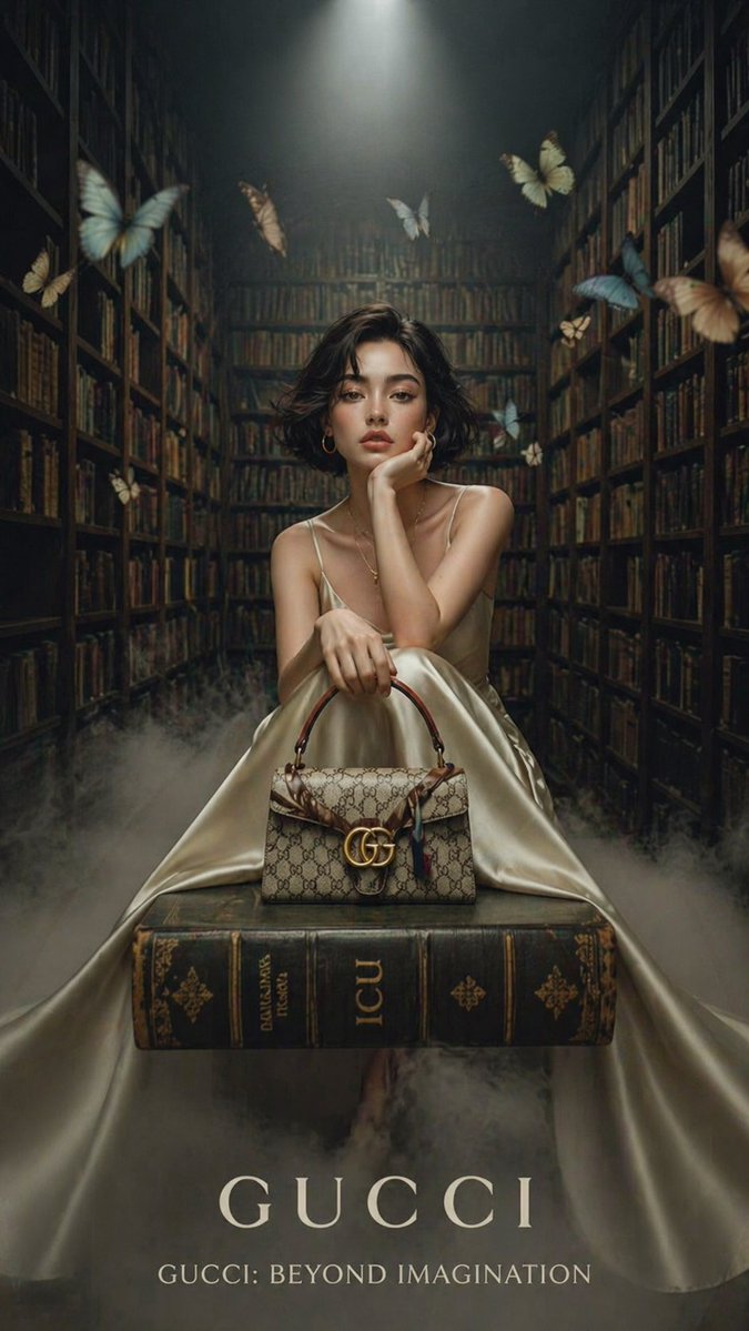A cinematic luxury fashion editorial set inside a grand vintage library with tall wooden bookshelve…