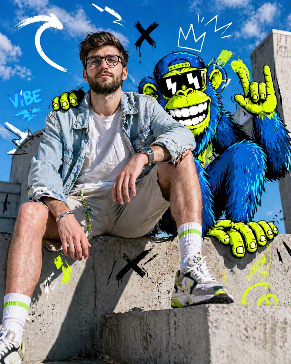 Full-body fashion editorial shot of a confident young person model sitting casually on a concrete l…
