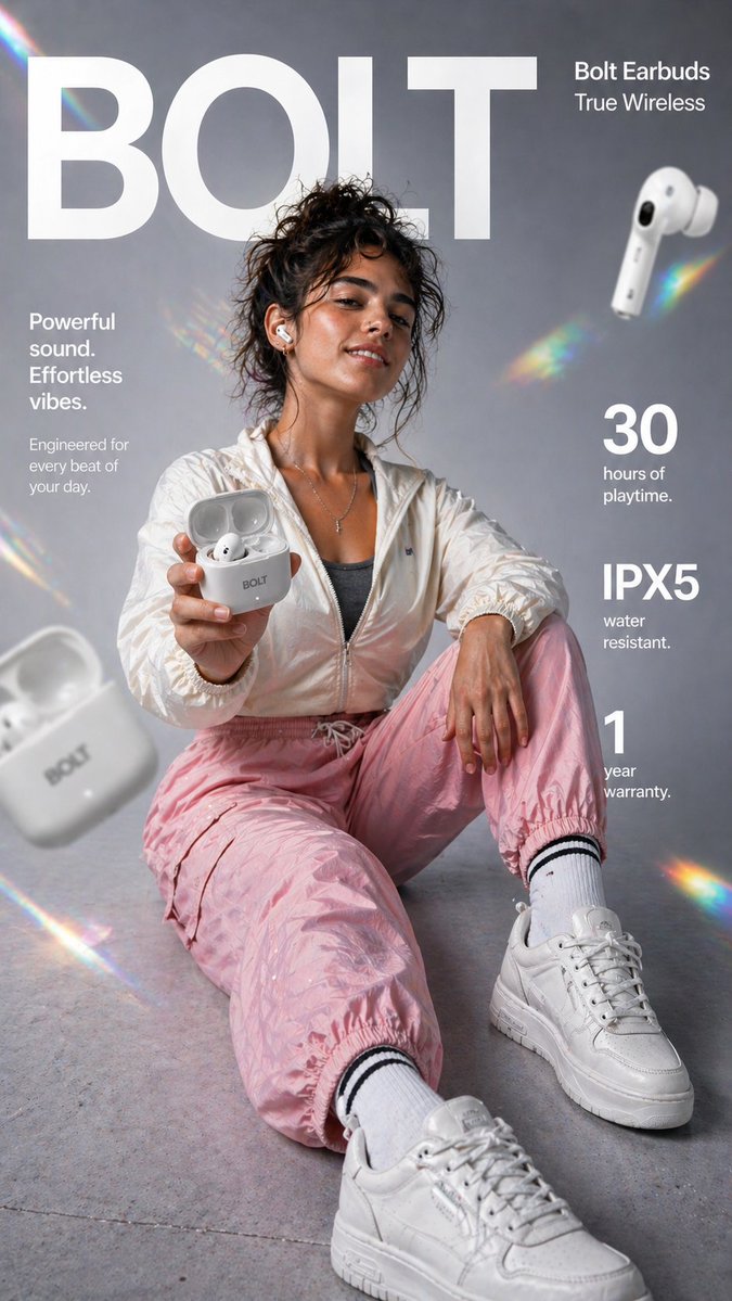 Create a high-impact 9:16 vertical e-commerce infographic for Bolt True Wireless Earbuds with a pre…