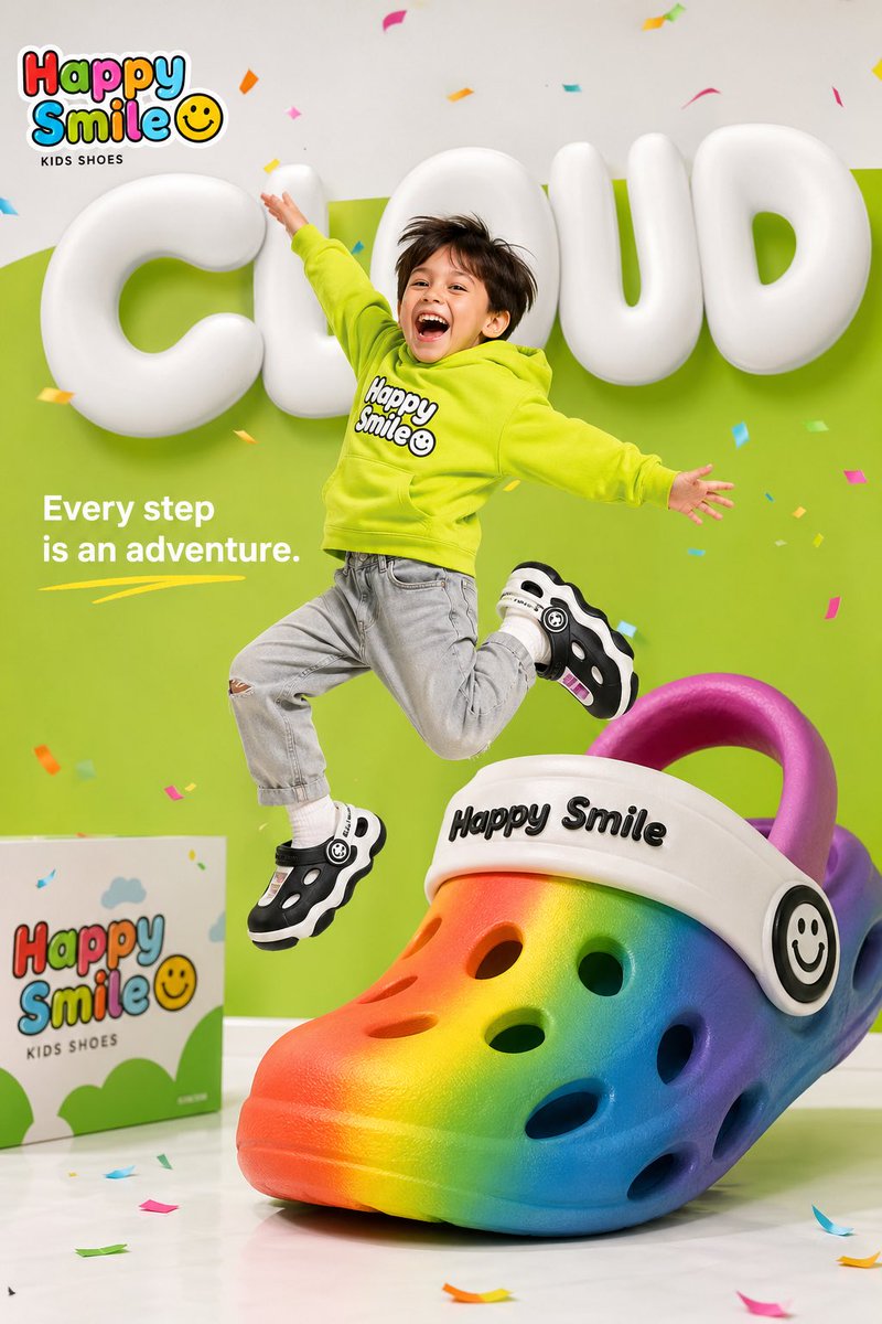 Bright colorful children's shoe brand advertisement for "Happy Smile☺️", happy young child jumping …
