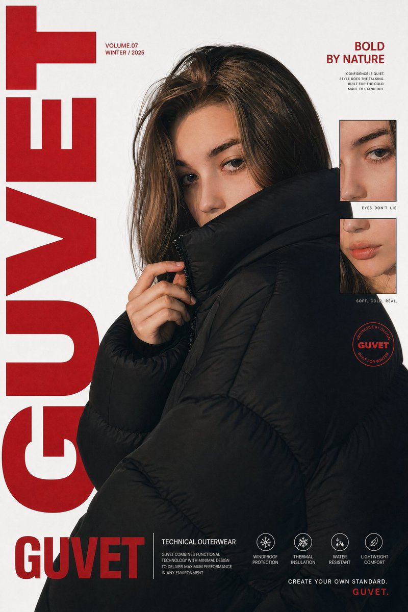A bold fashion editorial poster featuring a young woman model in a close-up half-body portrait, wra…