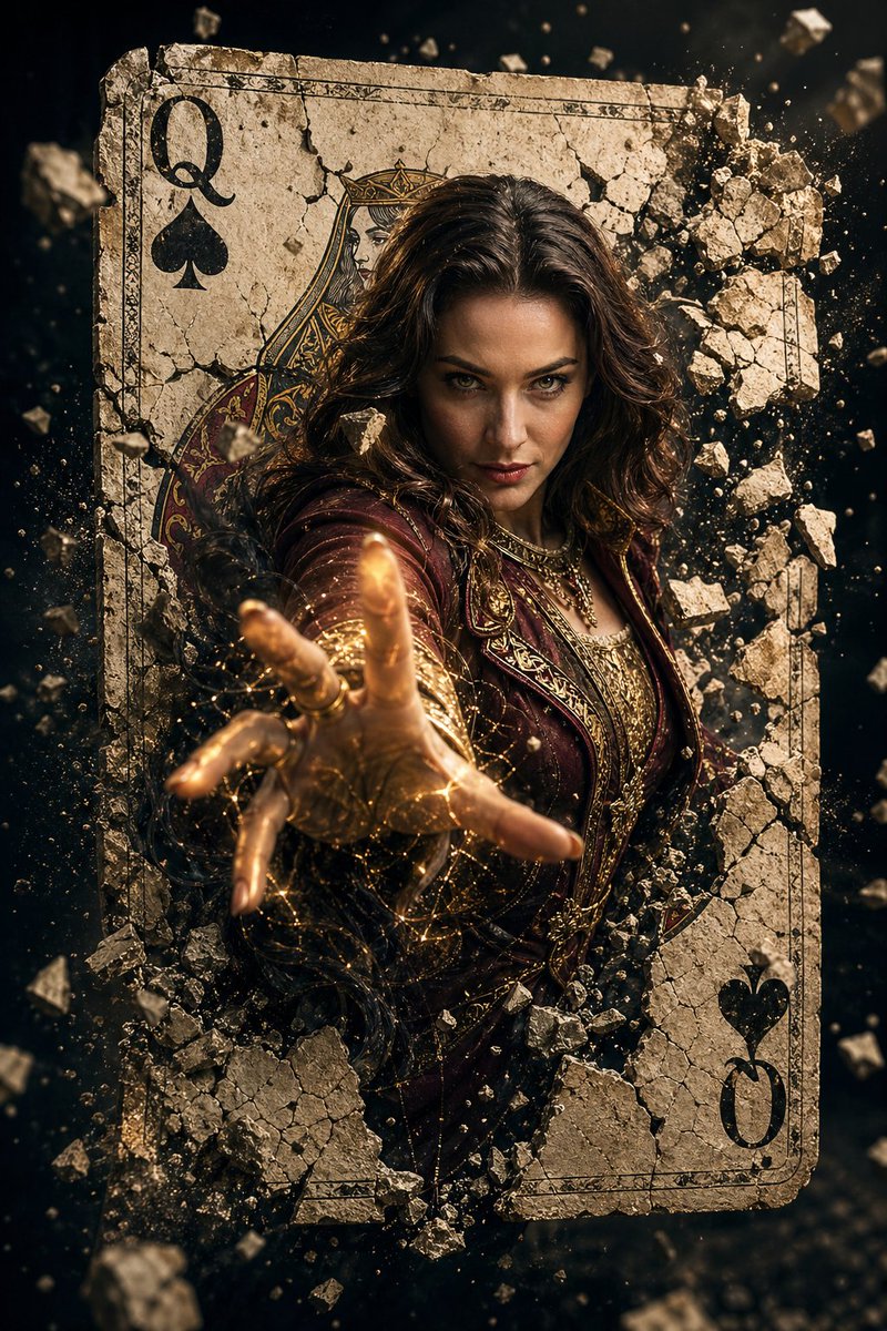 A hyper-realistic cinematic movie poster of a powerful female sorcerer with the same facial structu…
