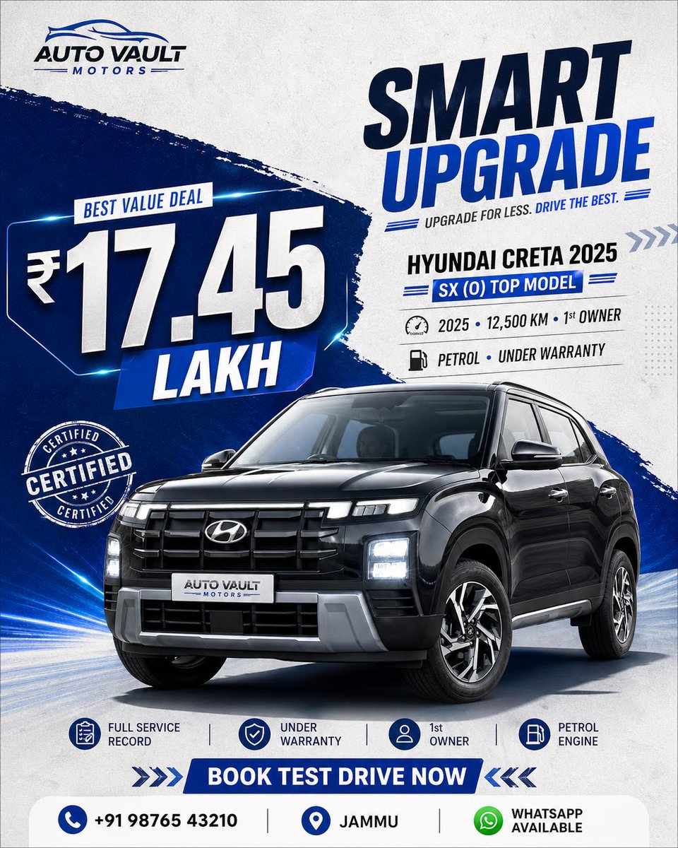 [BRAND NAME = AUTO VAULT MOTORS] [CAR MODEL = HYUNDAI CRETA 2025 • SX (O) TOP MODEL] [PRICE = ₹17.4…