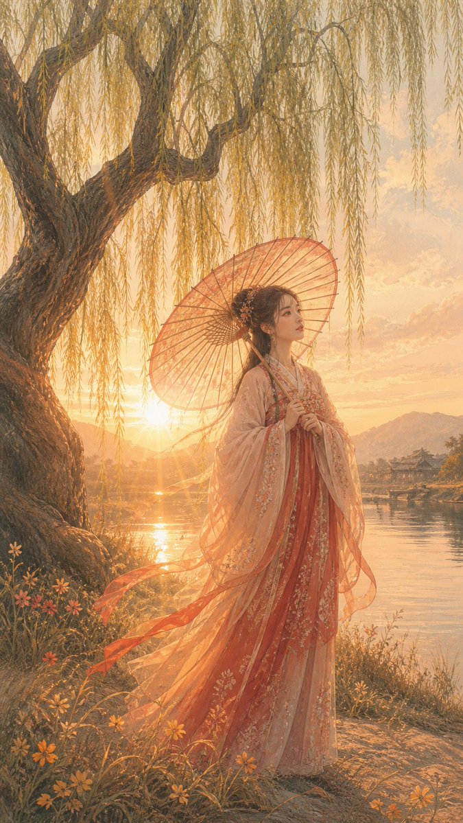 Sunset Hanfu Willow Lakeside Portrait