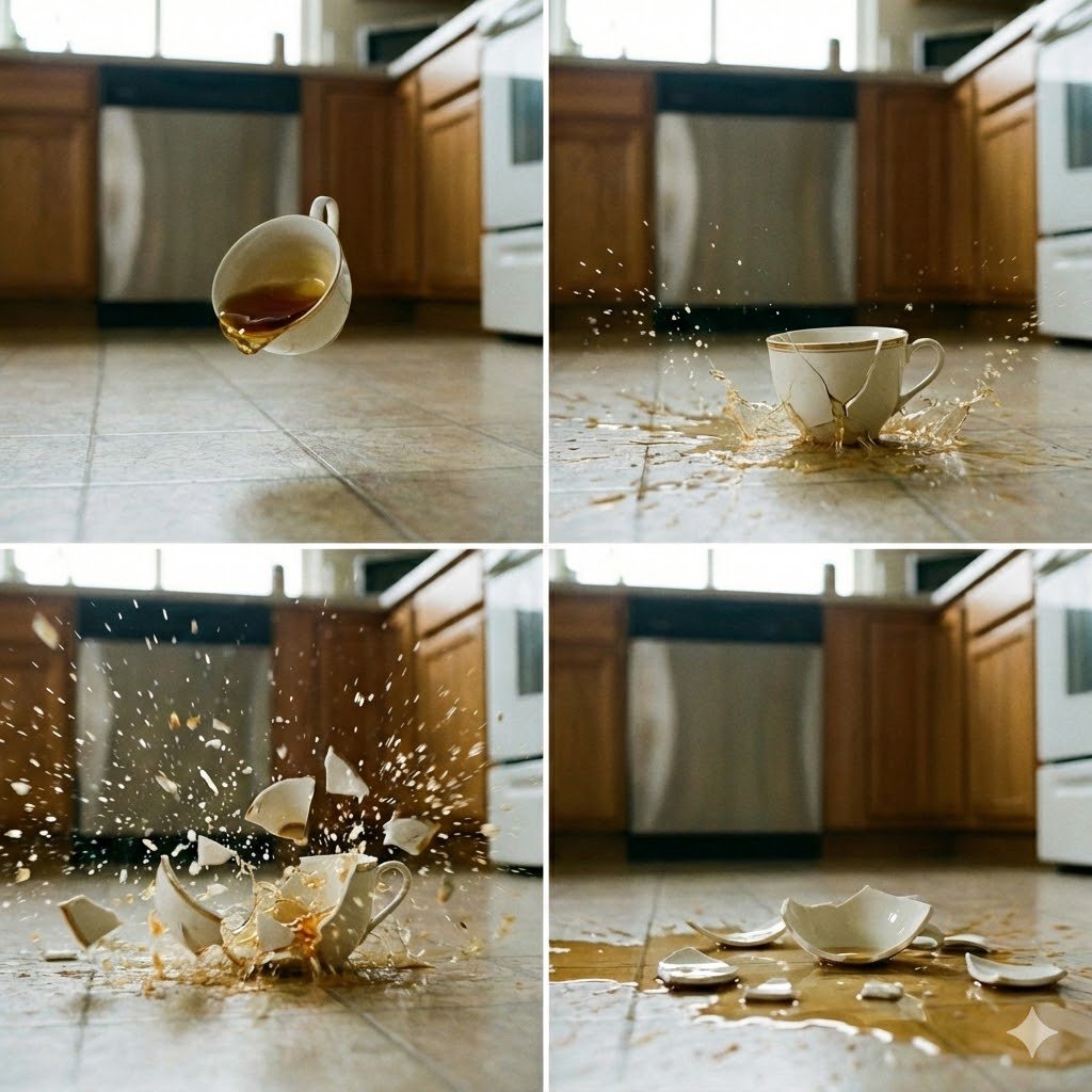 4-Panel Image of a Falling and Breaking Teacup