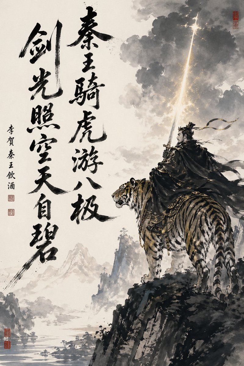 Ink-Wash Warrior Riding a Tiger