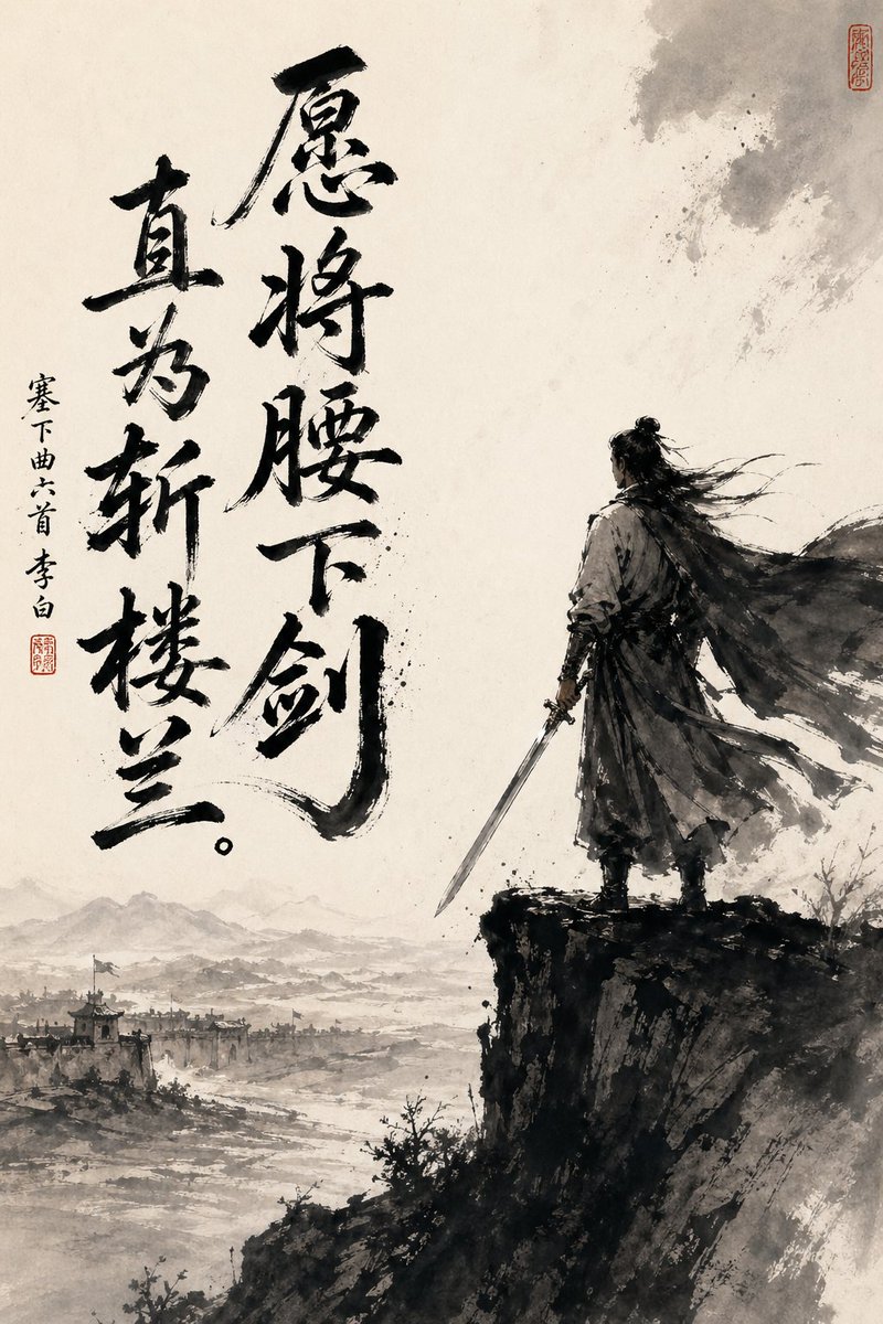 Chinese Ink Swordsman and Calligraphy