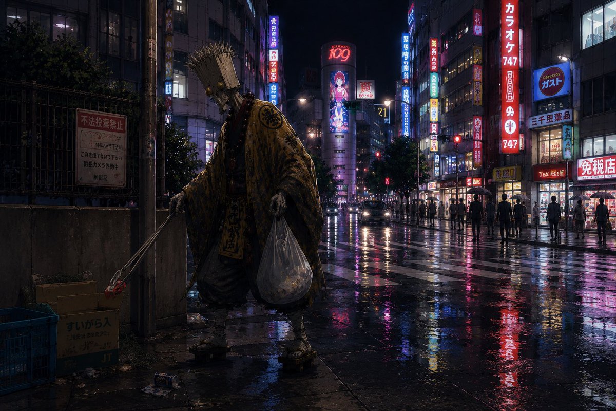 Ascetic Monk Cleaning Neon Tokyo
