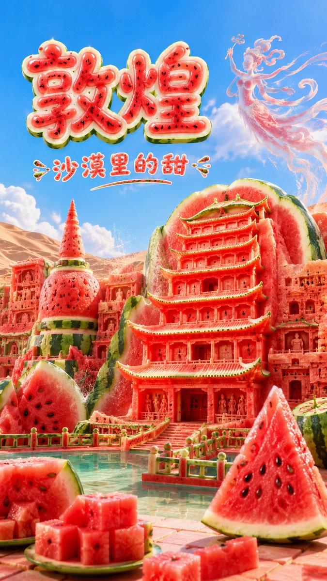 长文版提示词：
生成一张高传播感的 9:16 竖版「西瓜风格城市地标建筑」创意海报。

【用户输入】