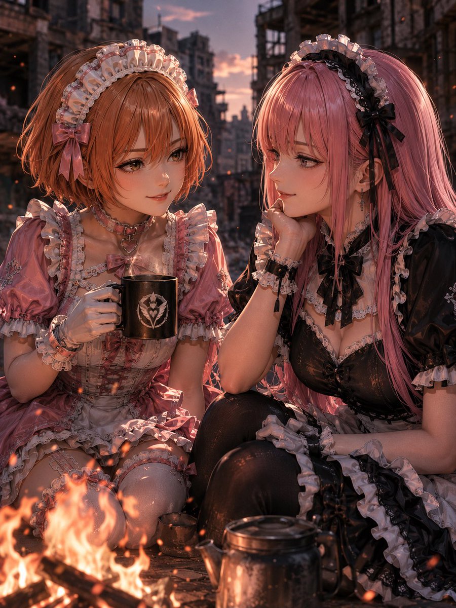 Sunset Maids by a Campfire