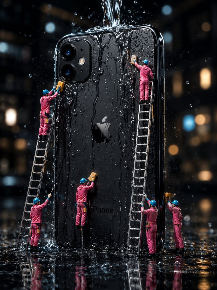 Mini Workers Washing Giant iPhone