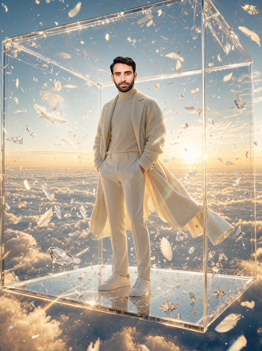 Man in Glass Cube Above Clouds