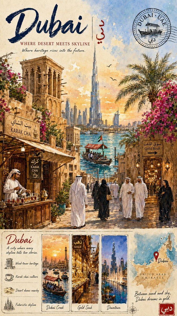 Vintage Dubai Watercolor Travel Poster