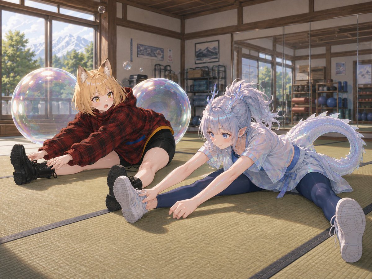 Bubble Dragon and Fox Stretching